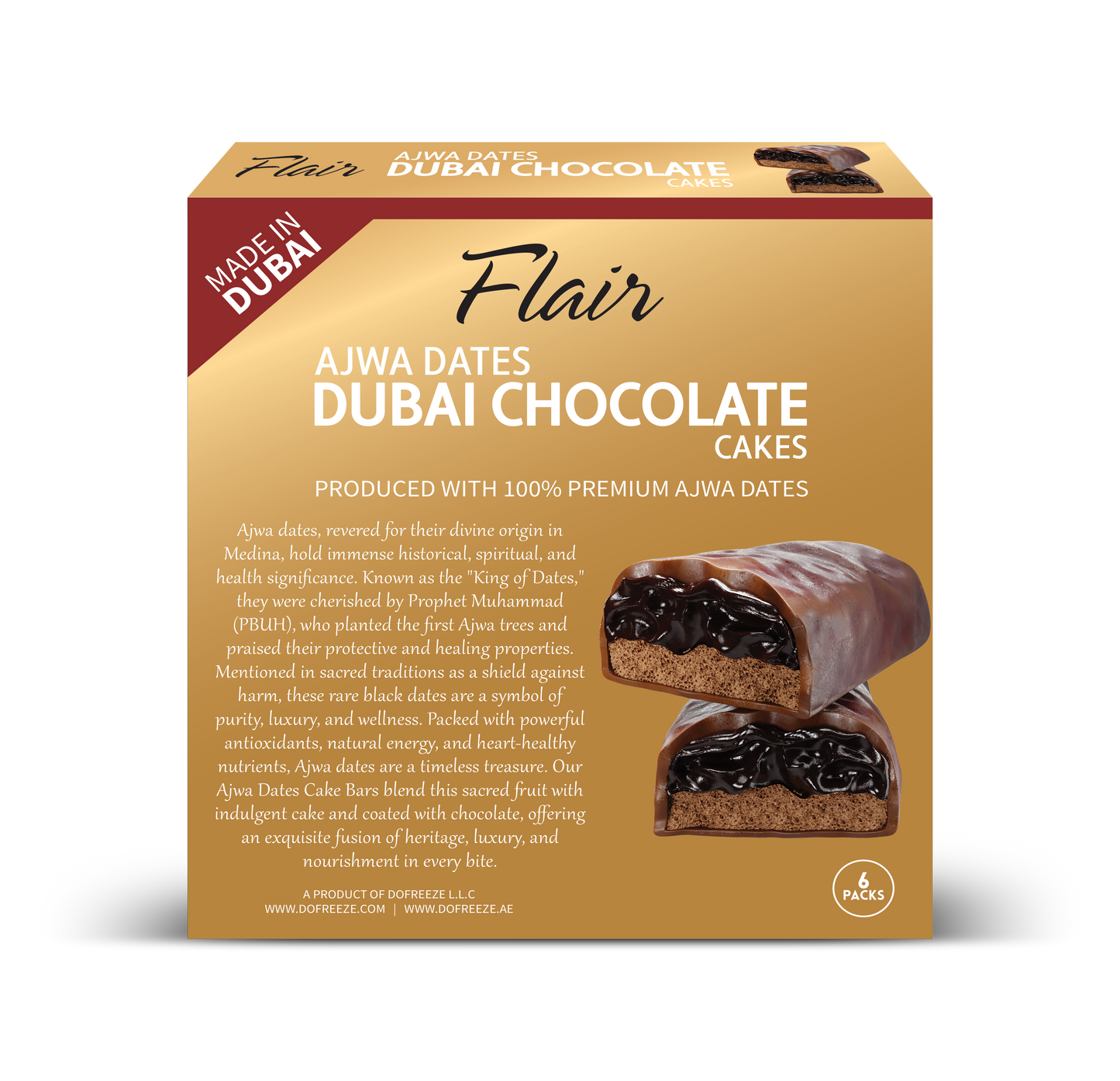 Flair Dubai Ajwa Dates Chocolate Cake Bar - 6pcs Box (168gm)