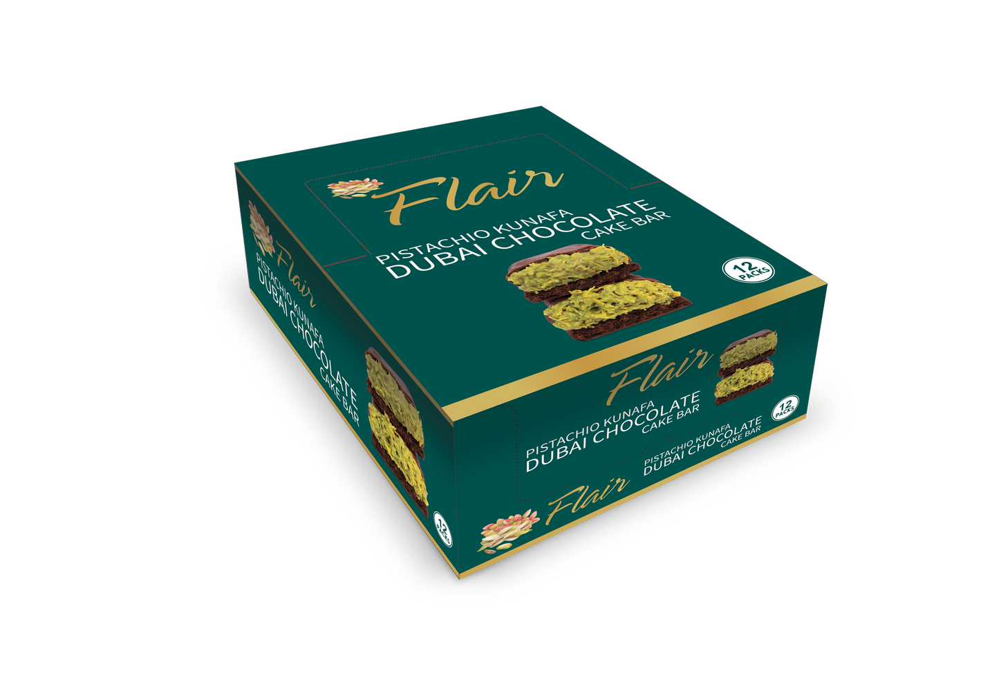 Flair Dubai Pistachio Kunafa Chocolate Cake Bar - 12pcs Box (660gm)