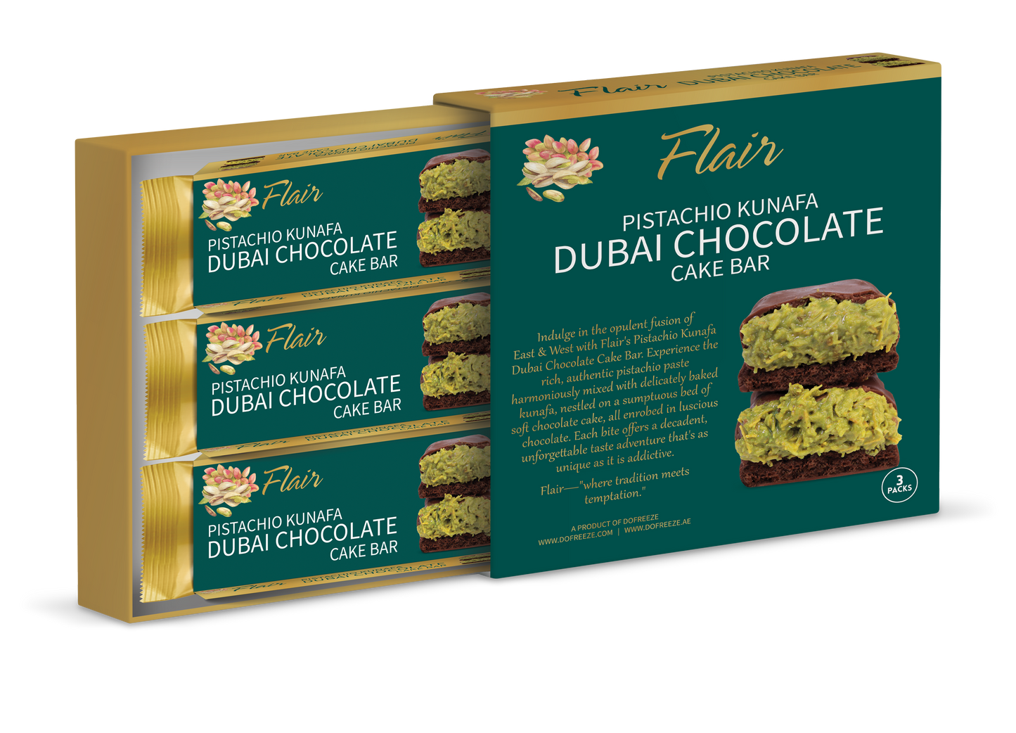 Flair Dubai Pistachio Kunafa Chocolate Cake Bar - 3pcs Box (165gm)