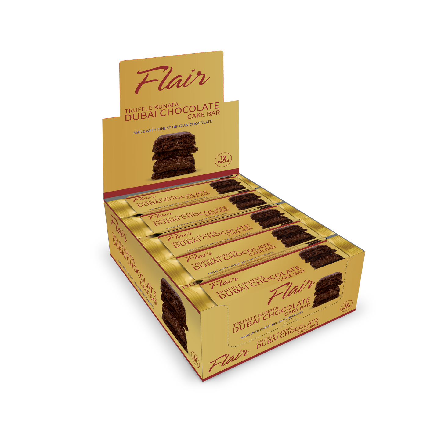 Flair Dubai Truffle Kunafa Chocolate Cake Bar - 12pcs Box (660gm)