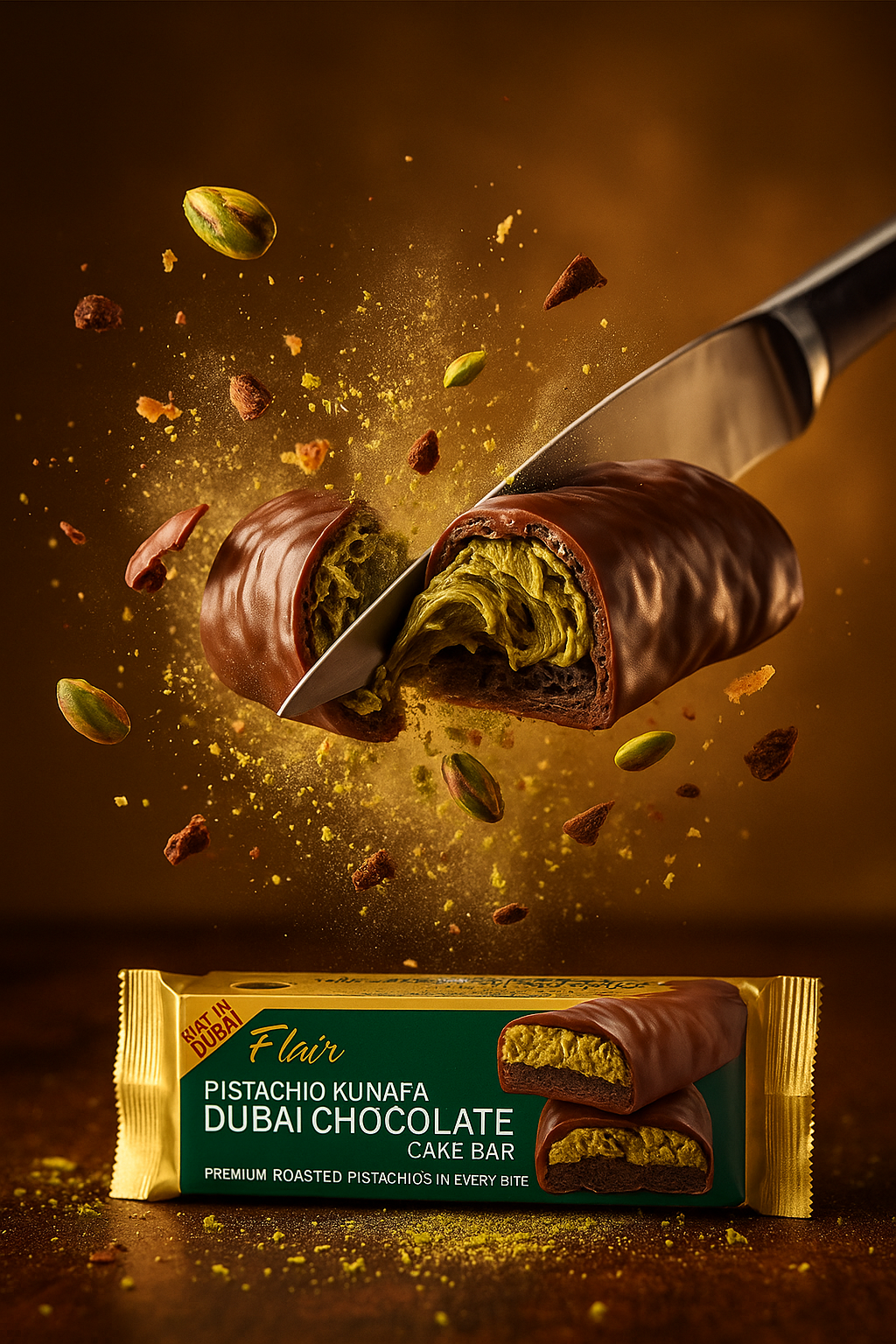 Flair Dubai Pistachio Kunafa Chocolate Cake Bar - 3pcs Box (165gm)